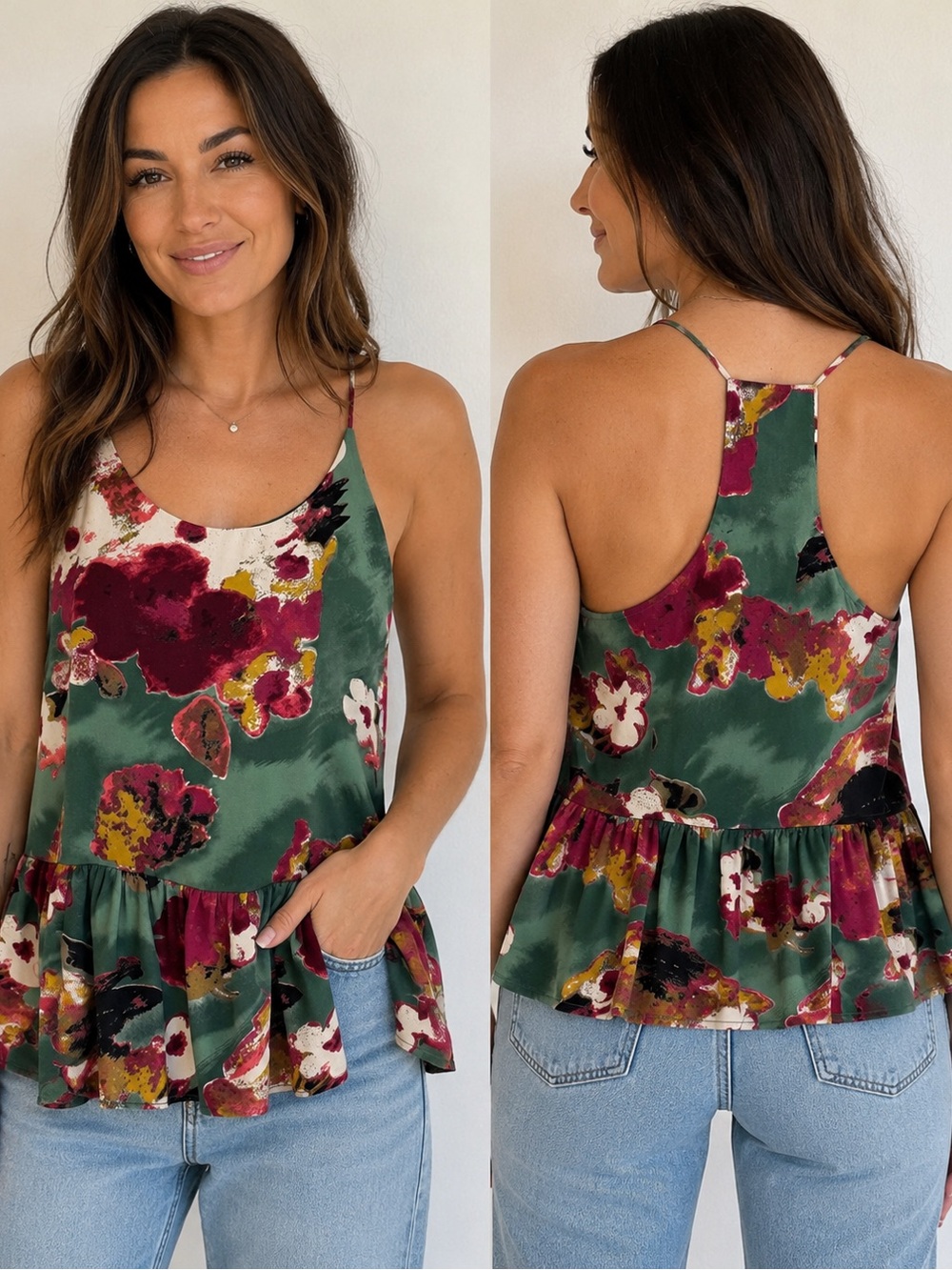 Newbury Kustom Green Floral Ruffle Hem Camisole